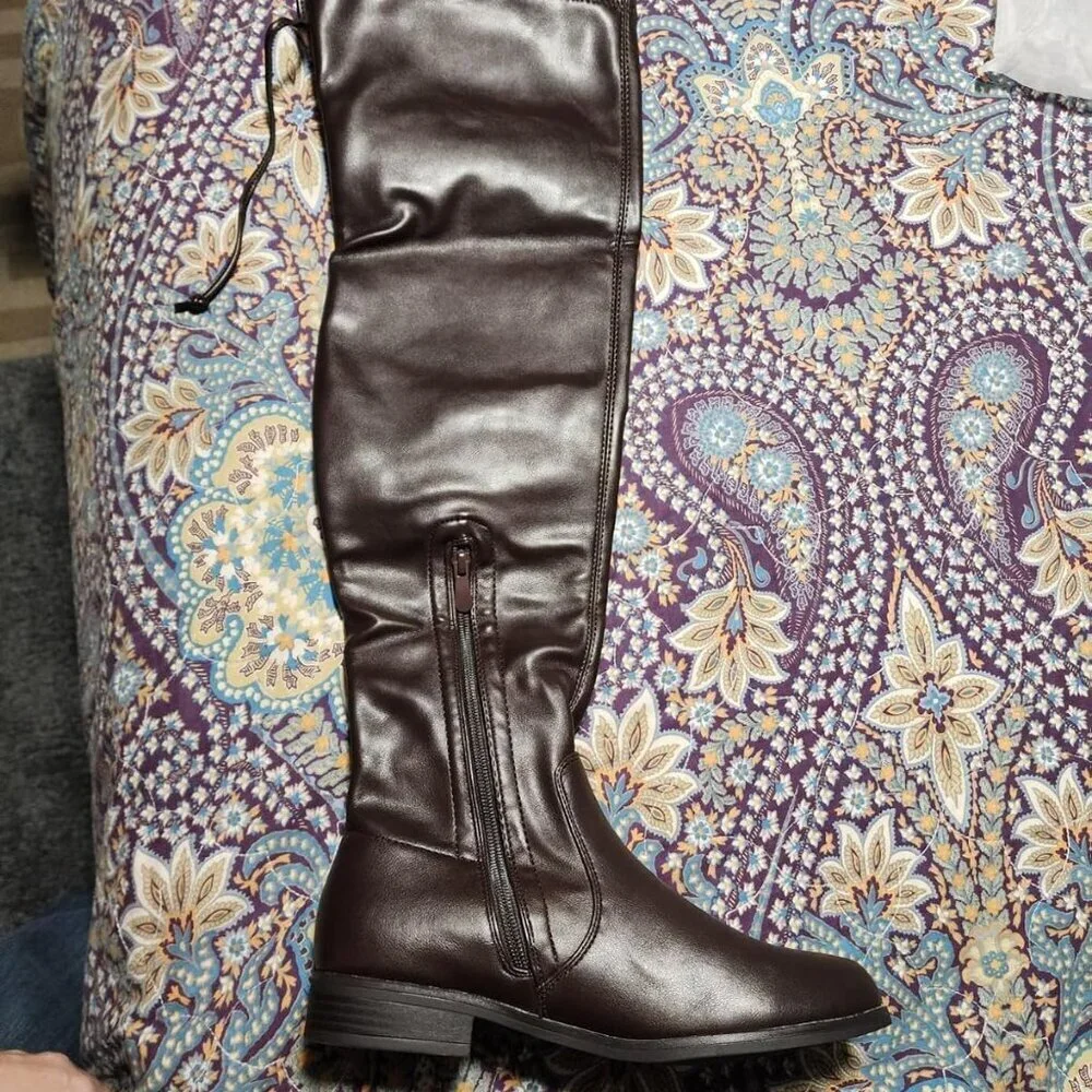 🆕Women's Brown-pu Thigh High Low Block Heel Casual Fashion Over the Knee Boots